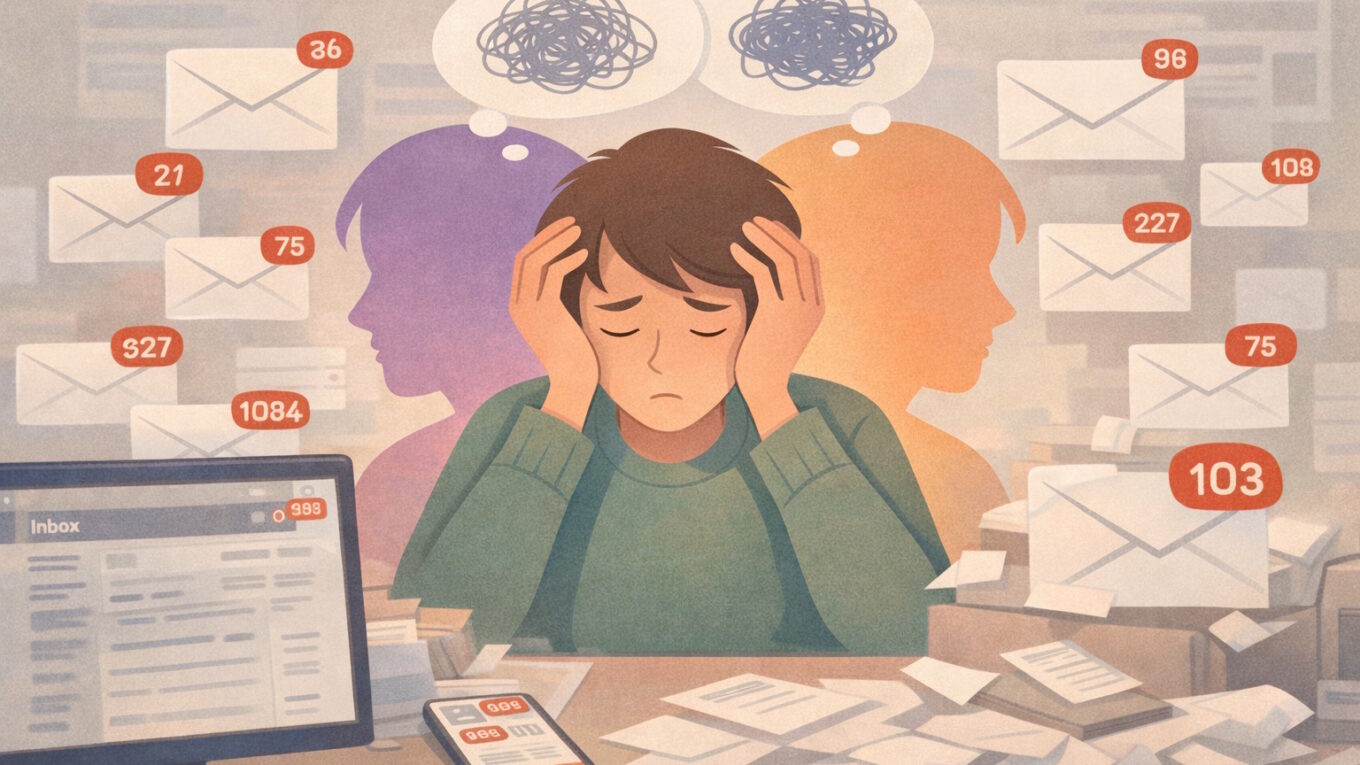 Illustration of a person overwhelmed at their desk, surrounded by screens and flying email icons showing huge unread counts.