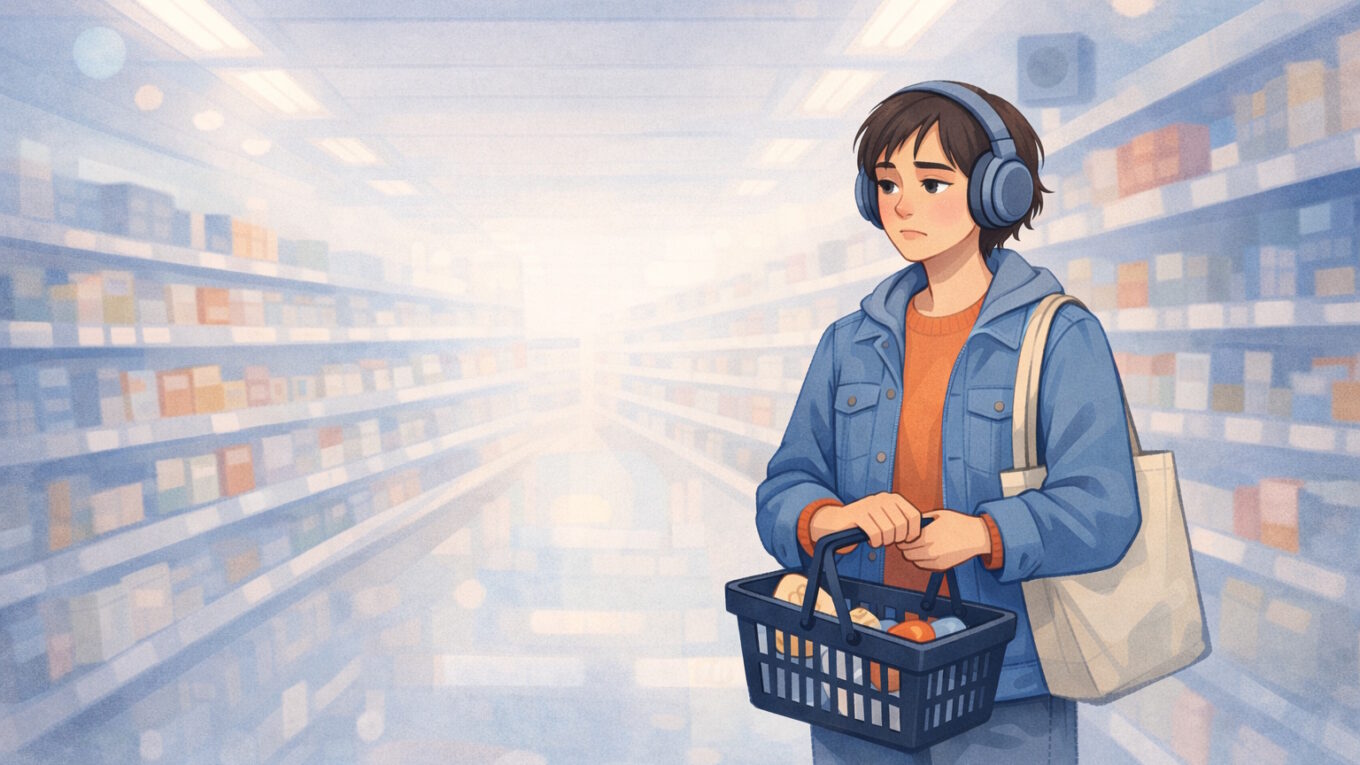 Neurodivergent adult in headphones standing in a bright supermarket aisle, quietly managing sensory overload.