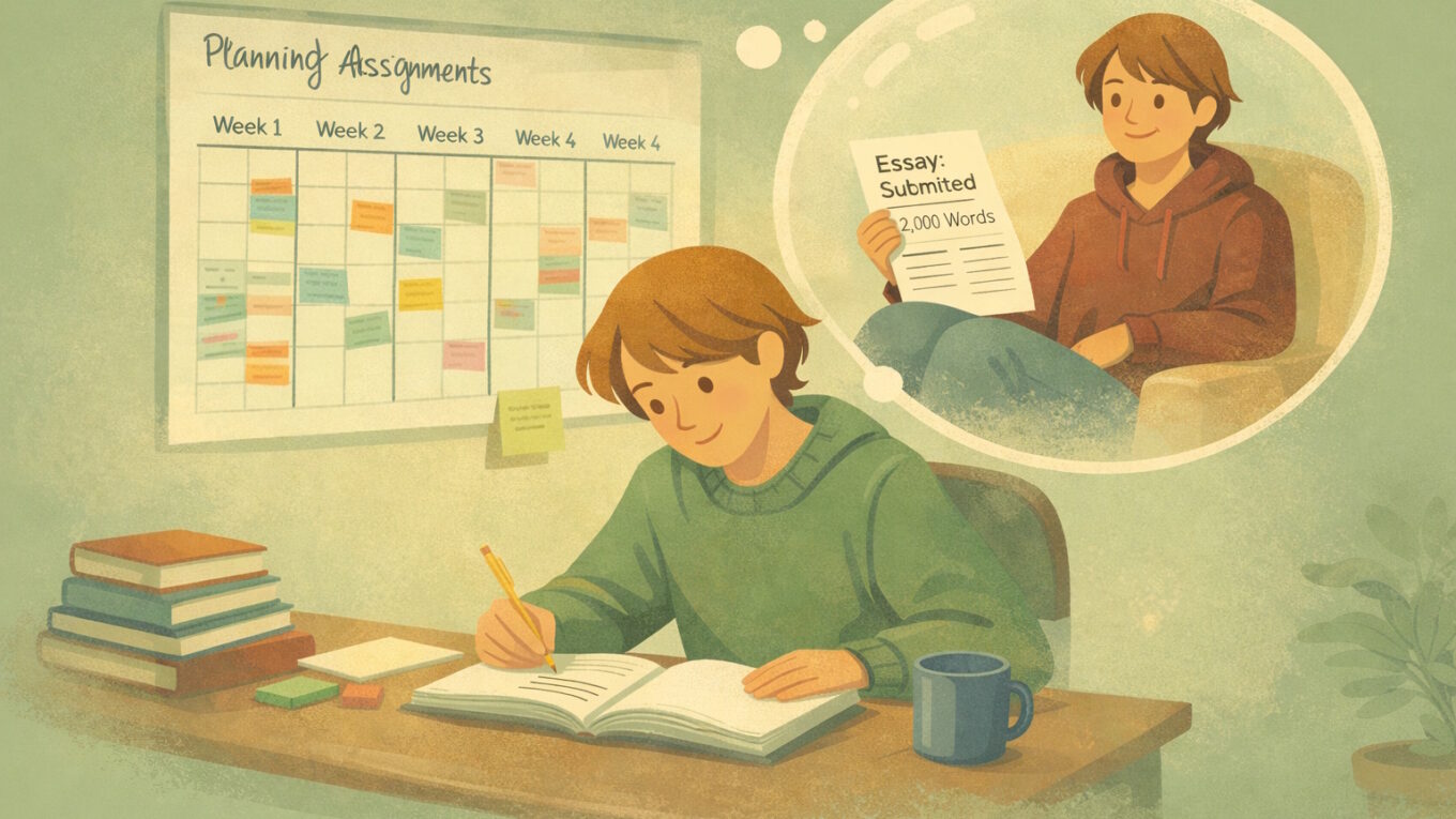 Student planning assignments at a desk with a colour-coded 4-week calendar, imagining their future self happily holding a submitted essay.