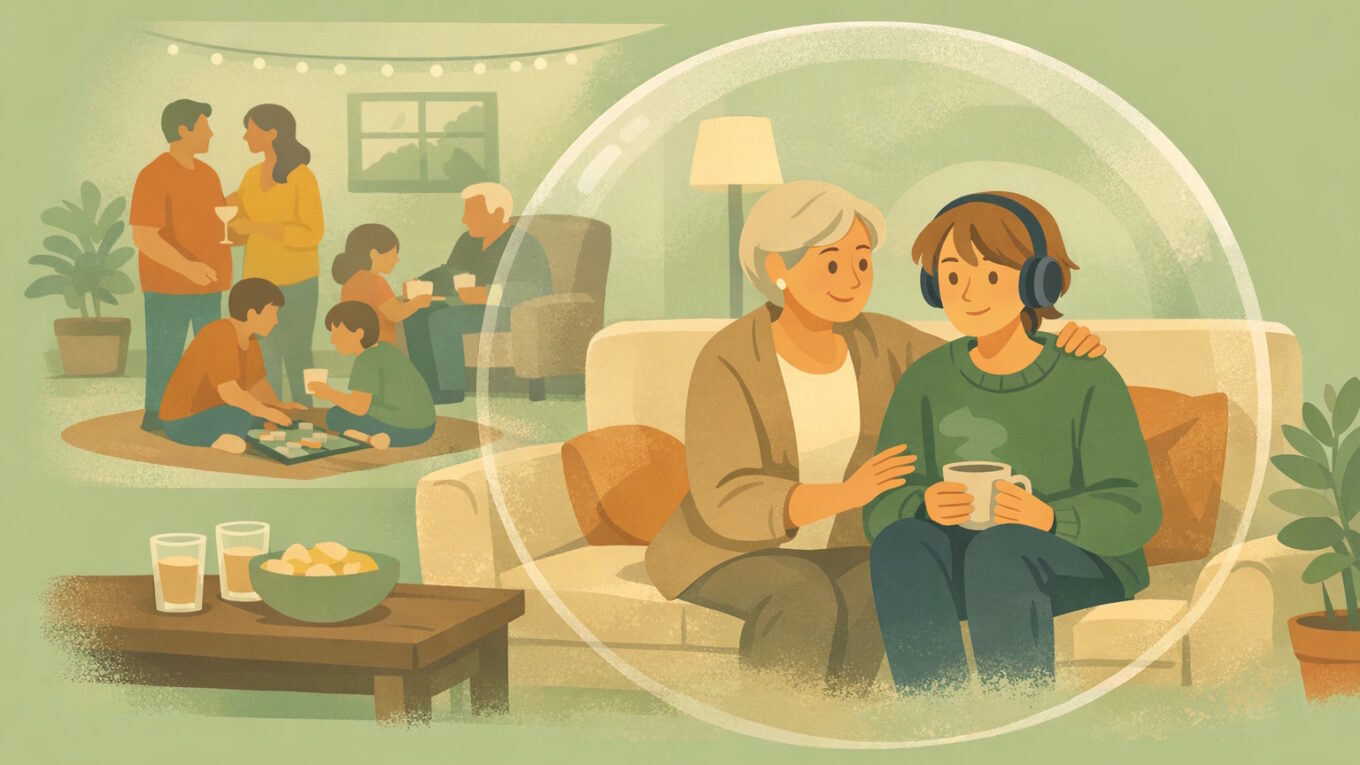 Quiet neurodivergent person in headphones sitting in a calm “bubble” on the sofa, supported by a relative while a busy family gathering happens in the background.