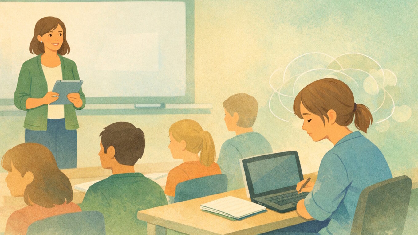Illustration of a calm classroom. A teacher stands at the front, and several students sit at desks. One student near the back is quiet and focused, with soft abstract shapes around their head hinting at hidden mental effort.