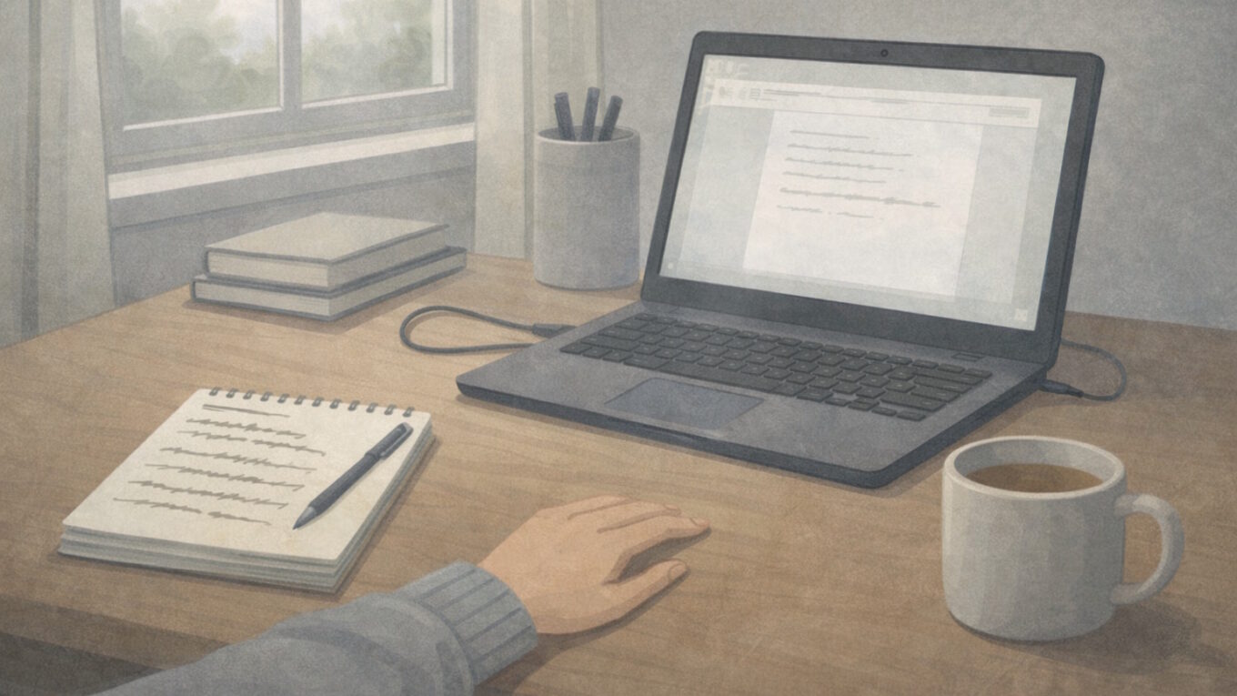 Soft, muted illustration of a sparse home workspace with an open laptop, a handwritten notepad with crossed-out notes, and a mug of tea on a wooden desk by an overcast window, with one hand resting near the keyboard, suggesting a difficult task still in progress.