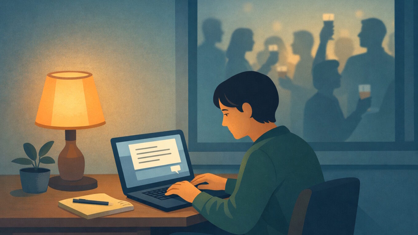 Person at a desk composing a message on a laptop by lamplight, with a blurred networking event visible through the window behind.