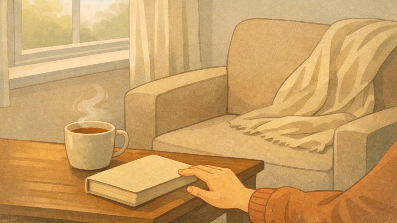 Soft, muted illustration of a quiet sitting room with an armchair by a window, a steaming mug on a wooden table, and an unopened book resting under a hand in an orange sleeve, suggesting a paused, uncertain moment of rest.