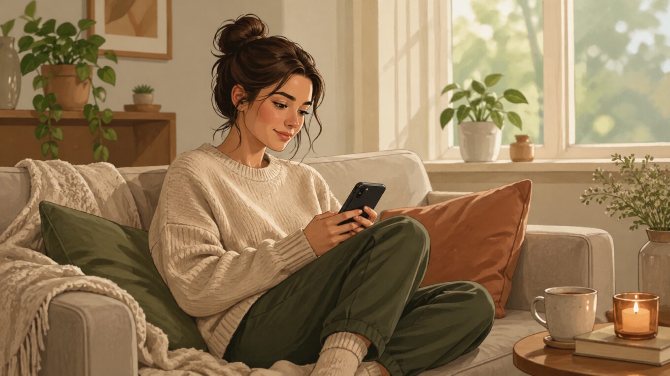 Person sitting on a sofa, looking thoughtfully at their phone in a warm, softly lit living room.