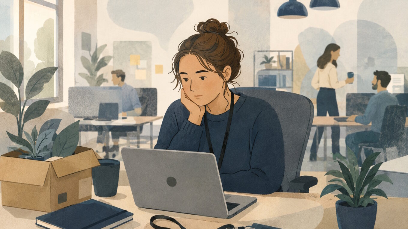 Soft editorial illustration of a person sitting at a new office desk, looking quietly tired and thoughtful, with a laptop, notebook, coffee cup and lanyard nearby. Colleagues move in the softly blurred open-plan office behind them, lit by gentle natural light in muted blue, grey and warm neutral tones.